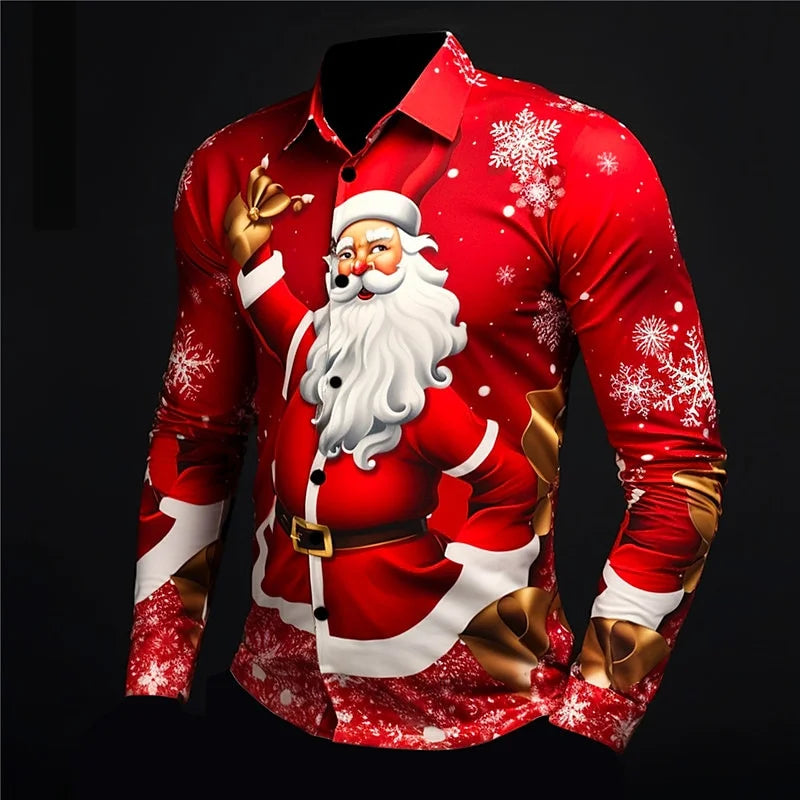 Christmas Fireworks: Santa Print Men's Long Sleeve Shirt, Men's Fashionable Party Christmas Shirt, Four Seasons Casual Men's Shi