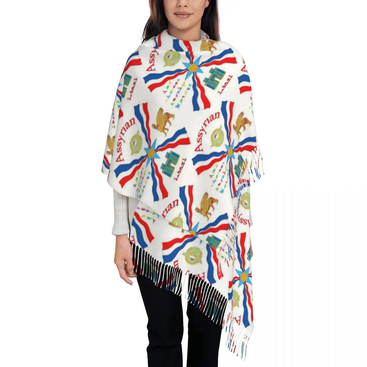 Luxury Assyrian Suryoyo Flag Scarf Tassel Scarves Women Soft Warm Shawls and Wraps Large Fall Winter Shawl Wrap