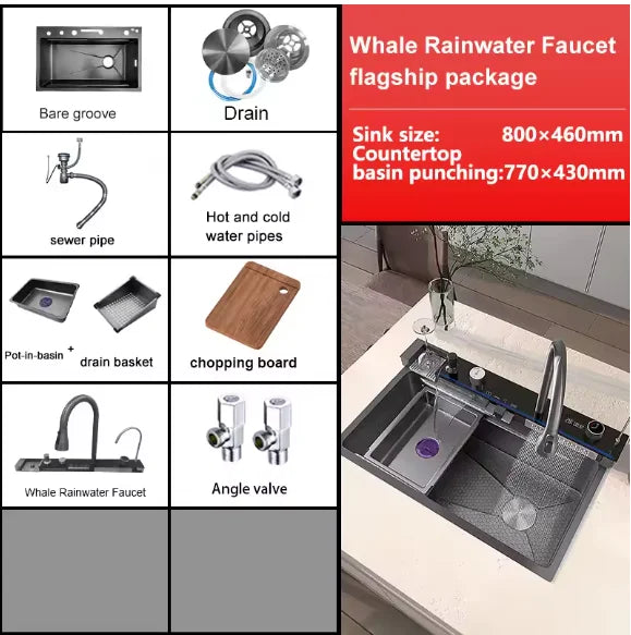 2026 Tiktok Newest Design 30 Inch Waterfall Faucet Black Bionic Honeycomb 304 Stainless Steel Big Single Bowl Kitchen Sink