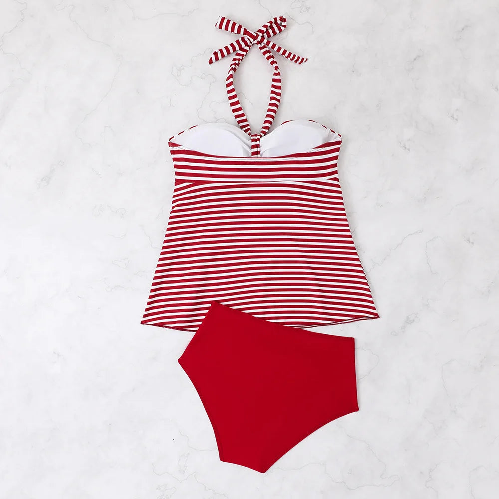 Women's Bathing Suit Two Pieces Halter Striped Print Tankini Set Summer Sexy Beach Wear High Waisted Swimwear Women Swimsuit XXL