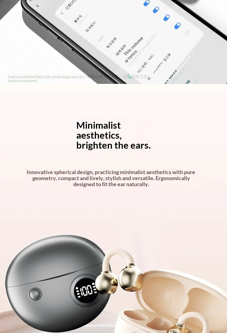 Clip-on Earphones Wireless Bluetooth Earbuds Hi-Fi Sound Super Long Battery Life Digital Display Noise Reduction Secure Fit