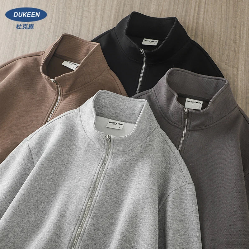 DUKEEN PIQUE Fabric Men's Casual Sweatshirts Spring and Autumn Solid Color Stand Collar Zipper Cardigan Coat Men's Clothing