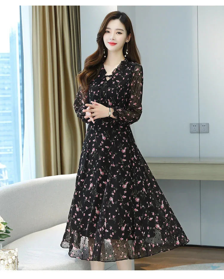Woman Dress Summer Autumn New Long Sleeve Small Floral Chiffon Dress Dress Vestido De Mujer