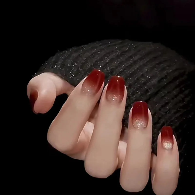 24pcs Fake Nails in Wine Red Gradient Cat's Eye Autumn and Winter New Style Press-on Nail Tips Suitable As Gifts for Girls