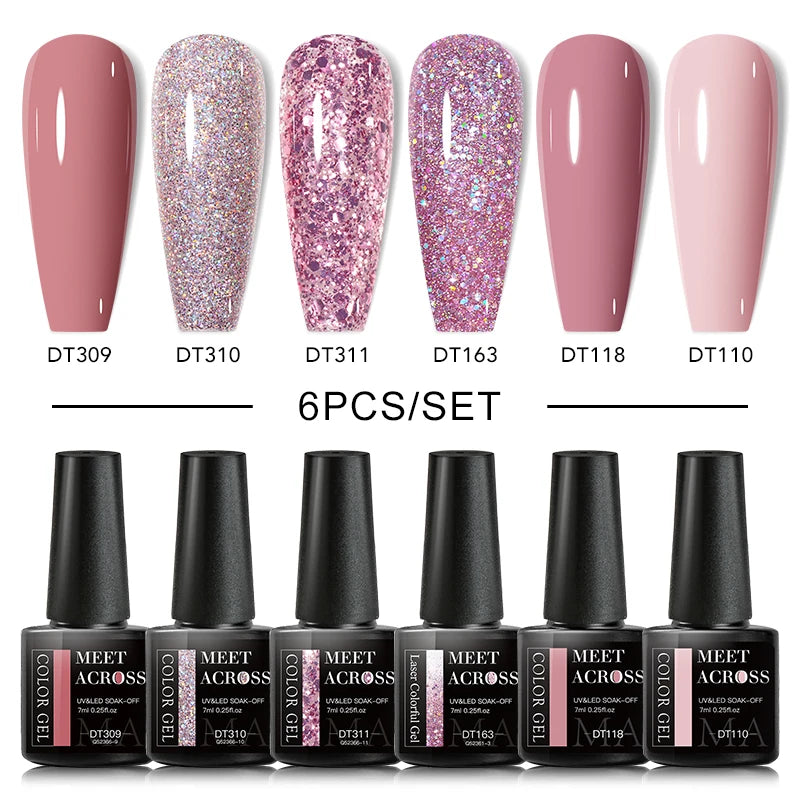 MEET ACROSS 6/8Pcs Set Glitter Gel Nail Polish Autumn Winter Nail Art Varnishes Semi Permanent Soak Off UV Gel Kit Nails Lacquer