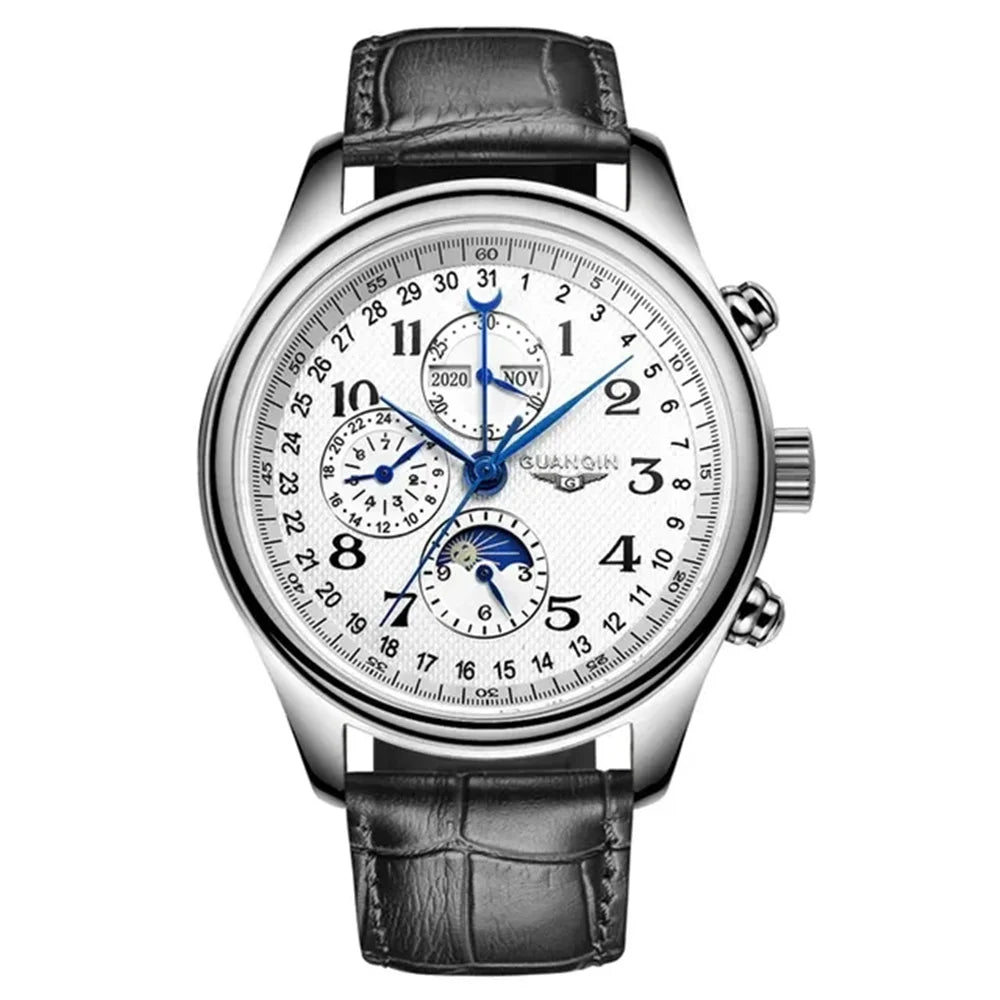 GUANQIN Leather Steel Mechanical Sapphire Men Watches Top Brand Luxury Waterproof Automatic Wristwatch Calendar Moon Phase