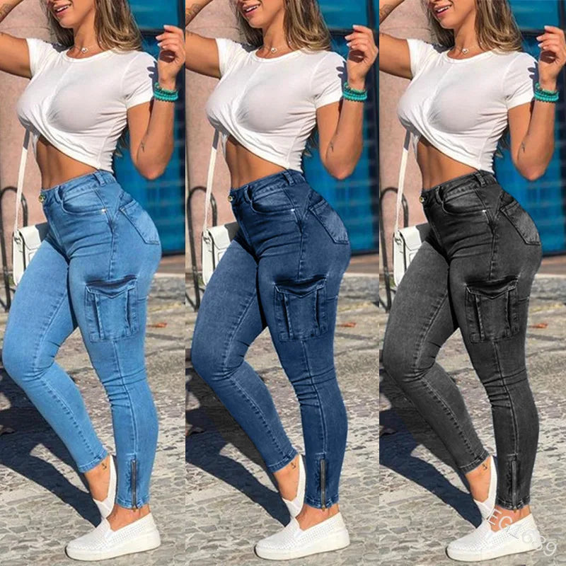 2025 New Style Denim Jeans for Women Zipper Leg Pockets Elastic Streetwear Distressed Cargo Trousers Pants Slim Pencil Jeans