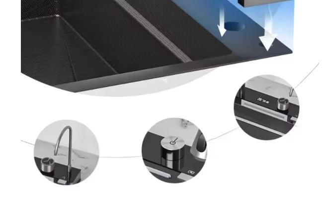 Stainless Steel Large Single Slot Bionic Honeycomb Black Wash Top Mount / Apron Front Smart Kitchen Sink with Waterfall Faucet