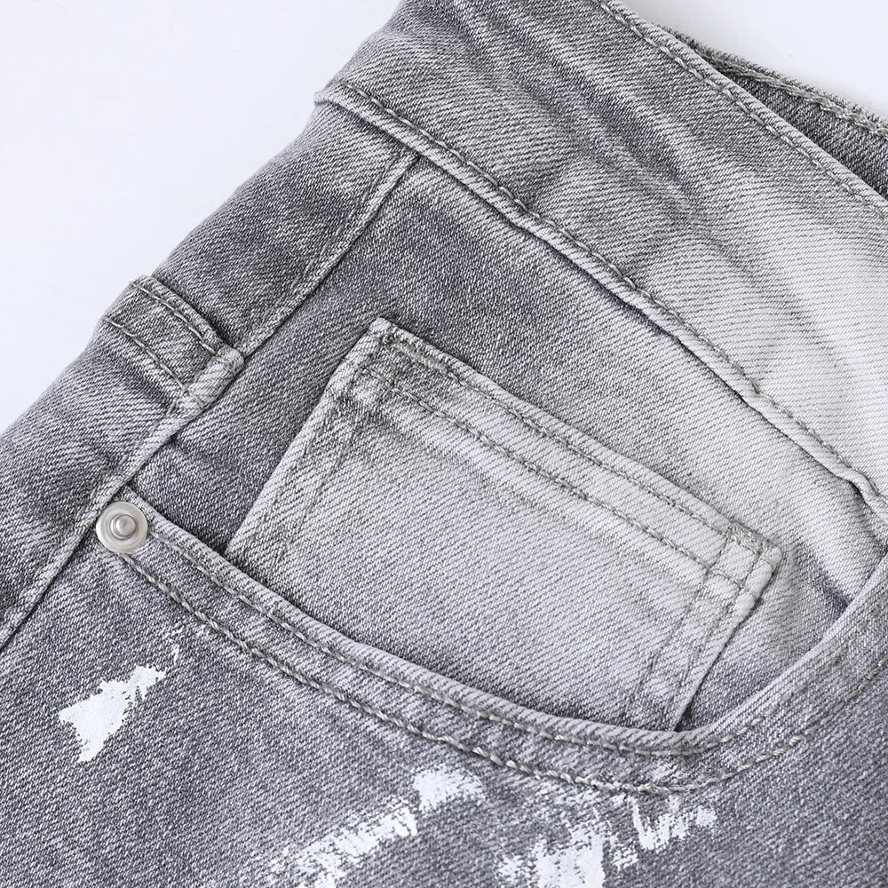 Men Painted Flared Denim Jeans Spliced Slim Boot Cut Pants Vintage Grey Cotton Released Hem Trousers