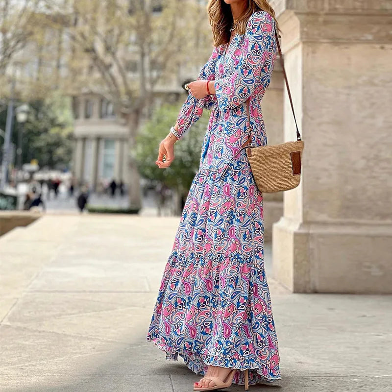 Women's Summer New Fashionable Printed Sexy V-neck Long Sleeve High Waist Elastic Waist Medium Length Bohemian Dresses