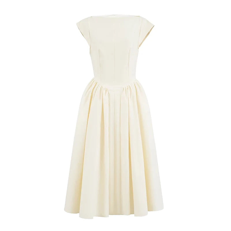 YENKYE  2025 Women Sexy Backless Elegant Party Midi Dress Short Sleeve O Neck Solid A-line Autumn Dresses Female Vestidos