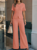 Fashion Summer 2PCS Outfits ZANZEA Women Pant Sets Short Sleeve Buttons Tops Suit Casual Solid Work OL Tracksuits Matching Sets