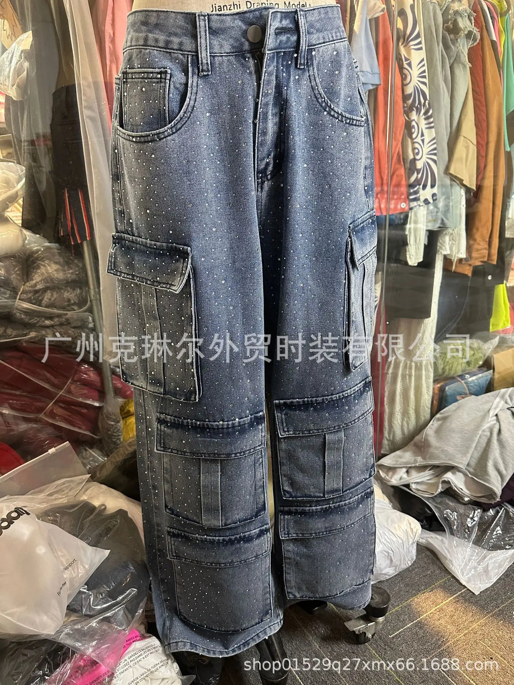 New 2026 Women's High Waist Cargo Denim Jeans with Full Rhinestones Sparkling Casual Baggy Pants Streetwear Chic Daily Trousers