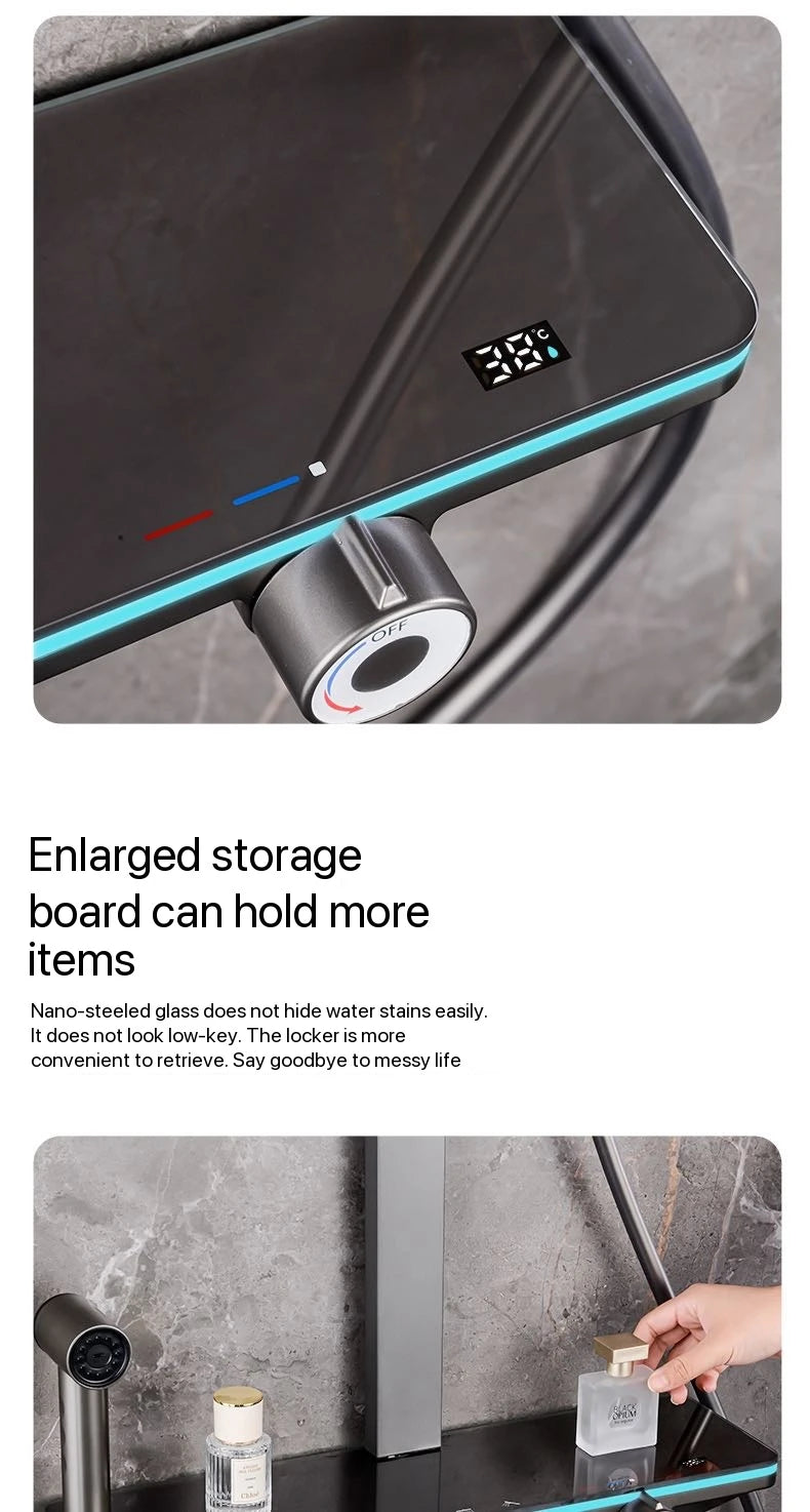 Gray Piano Button Ambient Light Bathroom Shower Full Set Digital Display Shower System Sets Rain Faucets Shower Head