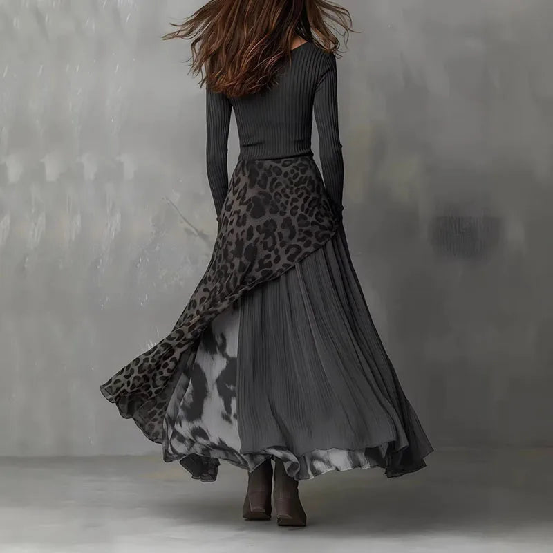 Spring Sexy Splicing Leopard Print Long Dress Woman Elegant O Neck High Waist Party Dresses Autumn Long Sleeve Ruffle Maxi Dress