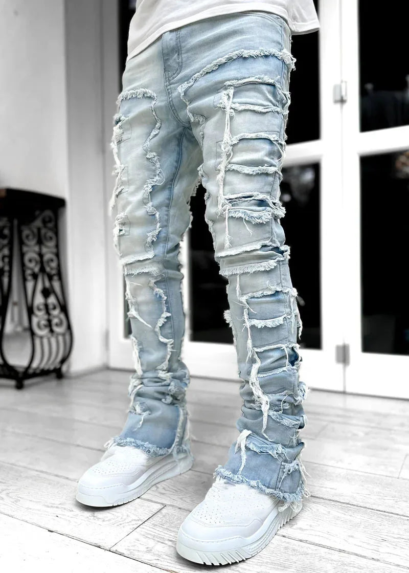 2026 New Men's Denim Straight-Leg Pants, European and American Street Fashion Ins Stretch Patch Denim Straight-Leg Pants