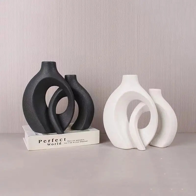 Minimalist White Ceramic Vase Set of 2 Hollow Nordic Modern Home Decor