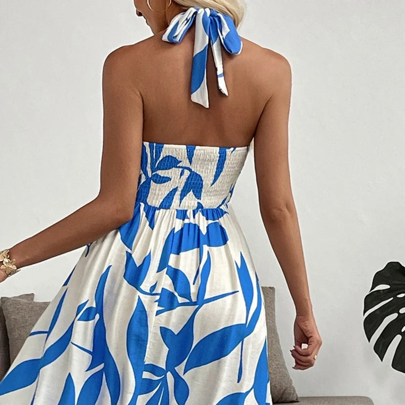 Vacation Women's Summer Floral Print Casual Long Dress Sexy Boho Sleeveless Halter Neck Beach Backless Party Maxi Dresses Ladies