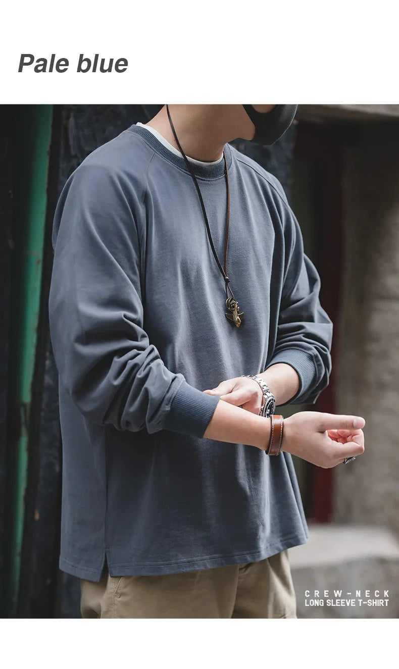 Maden 100% Cotton Loose Crew Neck Long Sleeve T-shirts Men's  230g Thin Breathable Tee Shirt Basic Solid Color Oversized Tops