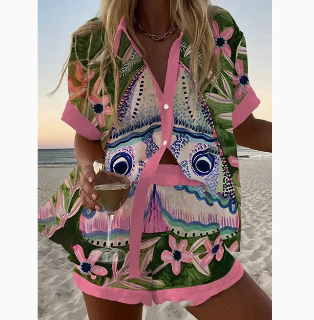 Fashion Print Beach Holiday 2 Piece Set Women Summer Short Sleeve Shirt Top Wide Legs Shorts Women's Oversize Two Piece Outfit