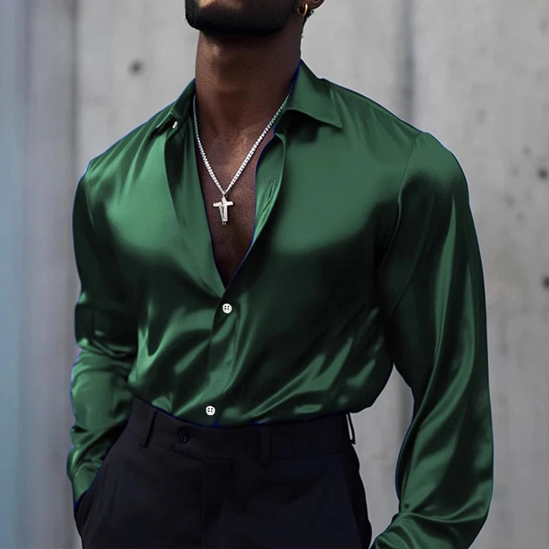 2025 Spring Fashionable Mens Silk Shirt Stylish Solid Color Long Sleeve Button-up Shirts Men New Casual Turn-down Collar Shirt