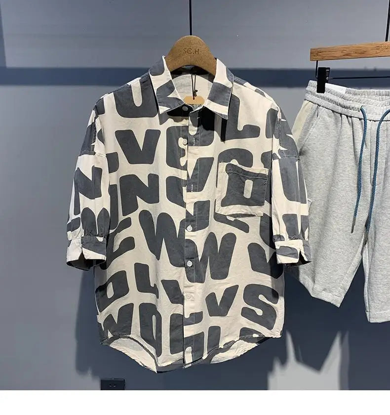 2024 Summer Trendy Men's Fashionable Lapel Full Body Letter Print High-end Versatile Casual Loose Oversized Short Sleeved Shirt