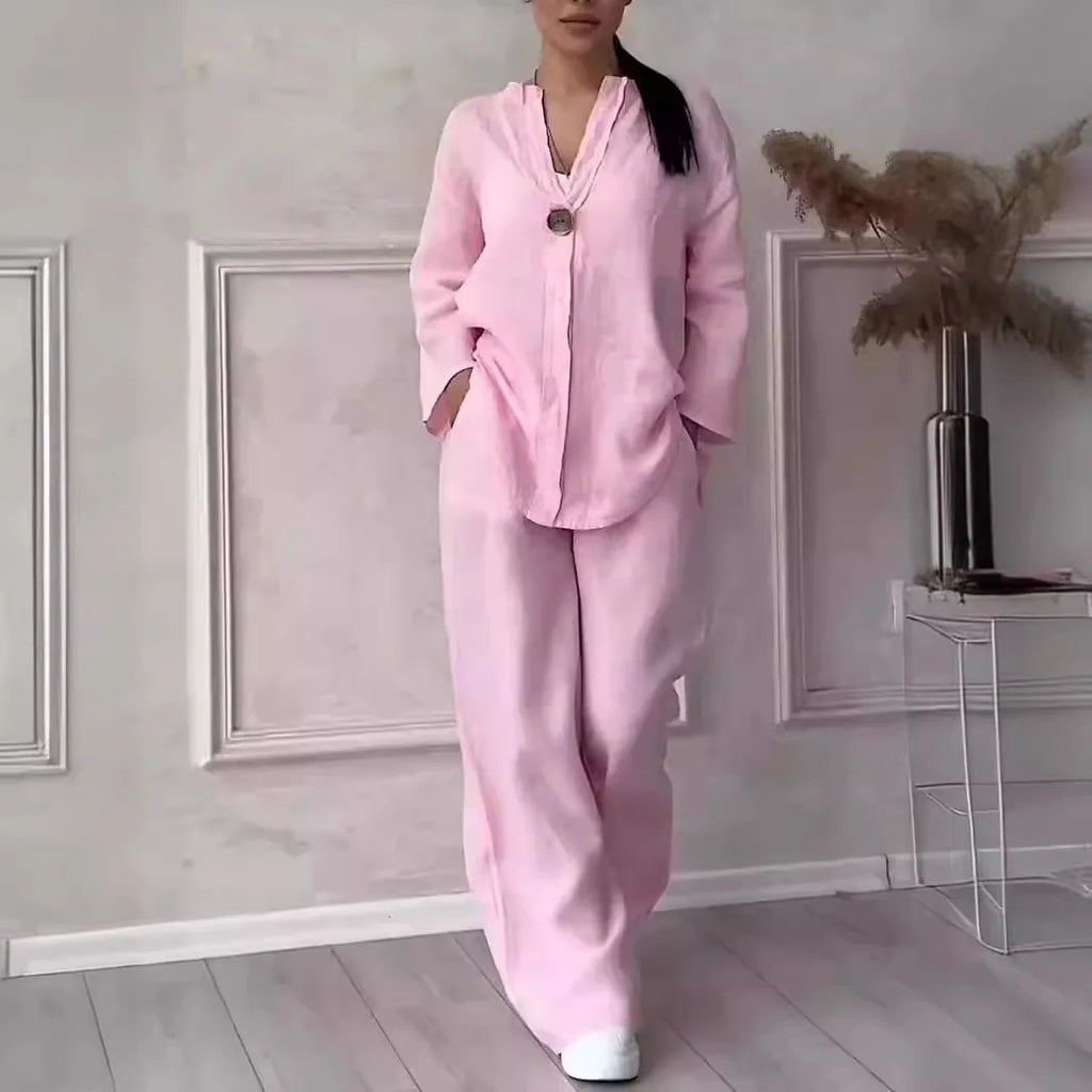 2026 New Europe USA Women's Comfortable Loose Top Wide Leg Pants Casual Cotton Linen Set