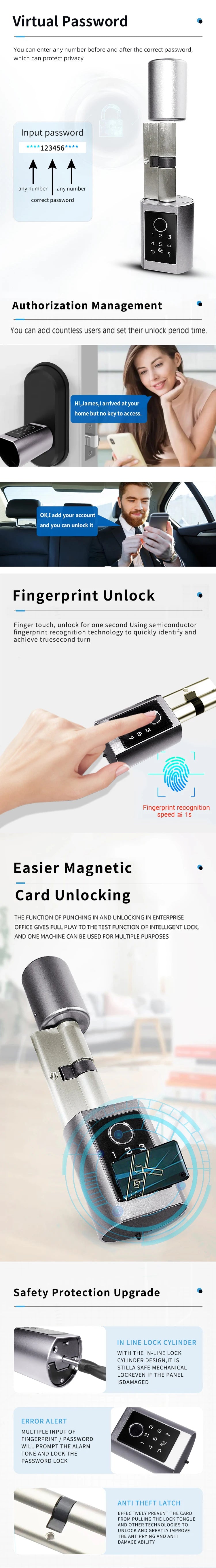 Easy Replacement Cylinder Smart Lock APP TTlock Bluetooth Fingerprint Password NFC Unlock Auto Lock/ Unlock Security Protection