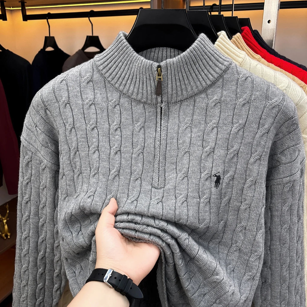 Fashion Half Zipper Sweater Men's Winter Warmth New exquisite jacquard design luxury brand golf pony embroidery knitted pullover