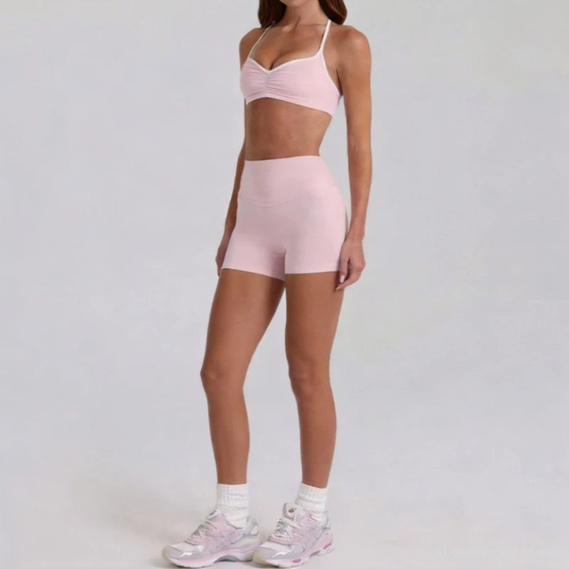 Women 2 Piece Yoga Set Ruched Front T Back Sports Bra High Waist Leggings Soft Stretchy Nude Fabric Gym Running Workout Outfit