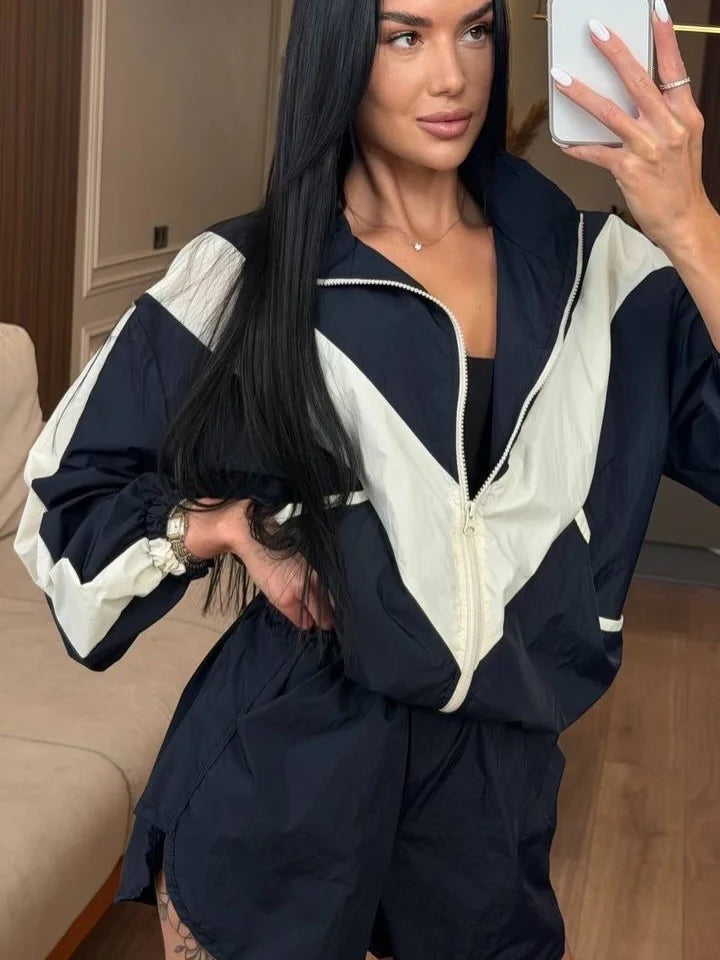 Lady'snavy Chevron Stripe Windbreaker Tracksuit Zip Cropped Jacket Contrast Trim Shorts 2026 Casual Sport Daily Jogging Street