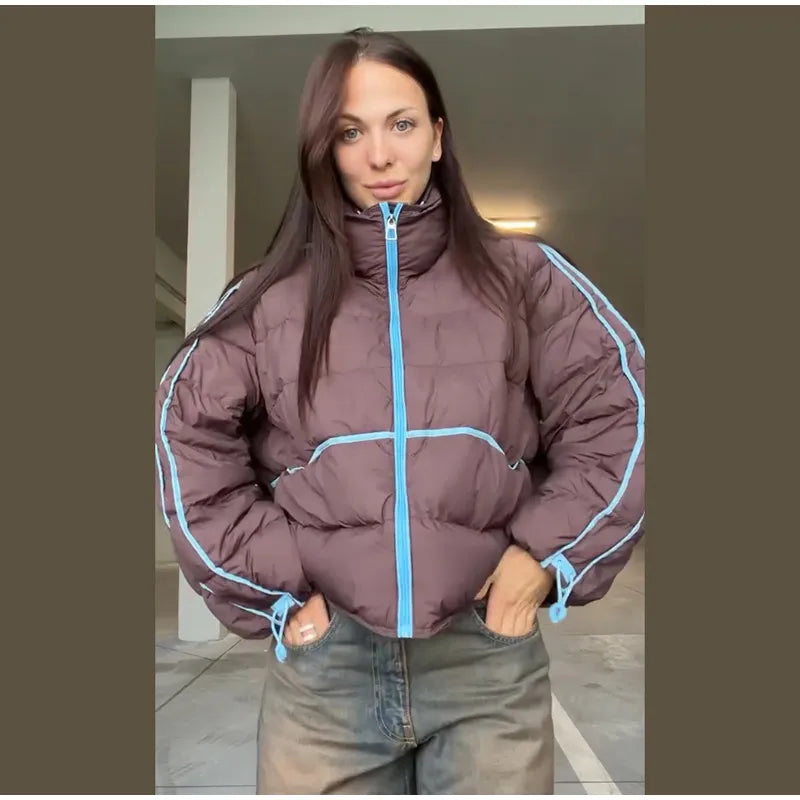 Casual Contrasted Color Women's Cotton Coats Zippers Stand Collar Loose Lady Thicken Jackets 2026 Autumn Winter Female Tops New