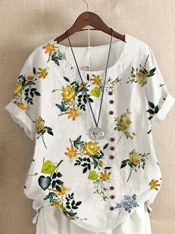 2025 Summer retro fashion printed loose casual shirt top, suitable for casual or vacation ladies' beachwear