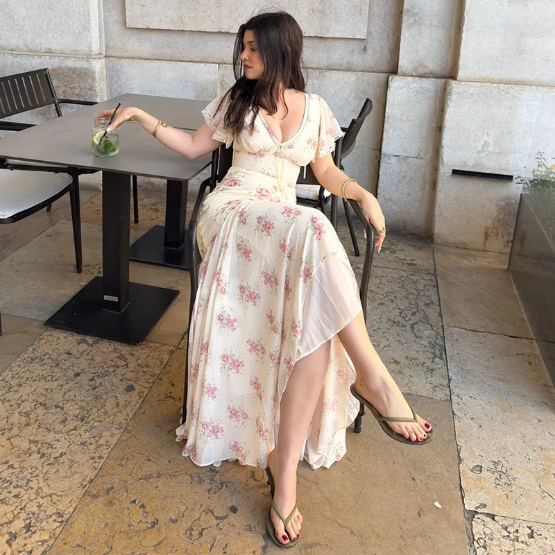 Fashion Women's Dress V-neck Short Sleeve Slim Female Print Floral Dresses 2026 Summer Sexy Elegant Holiday New Party Lady Robe