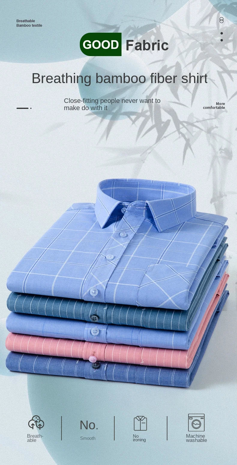 Bamboo Fiber Men Shirt Long Sleeve Elastic Anti-wrinkle Regular Fit business Formal Social pink Blue Striped checkered print 4XL