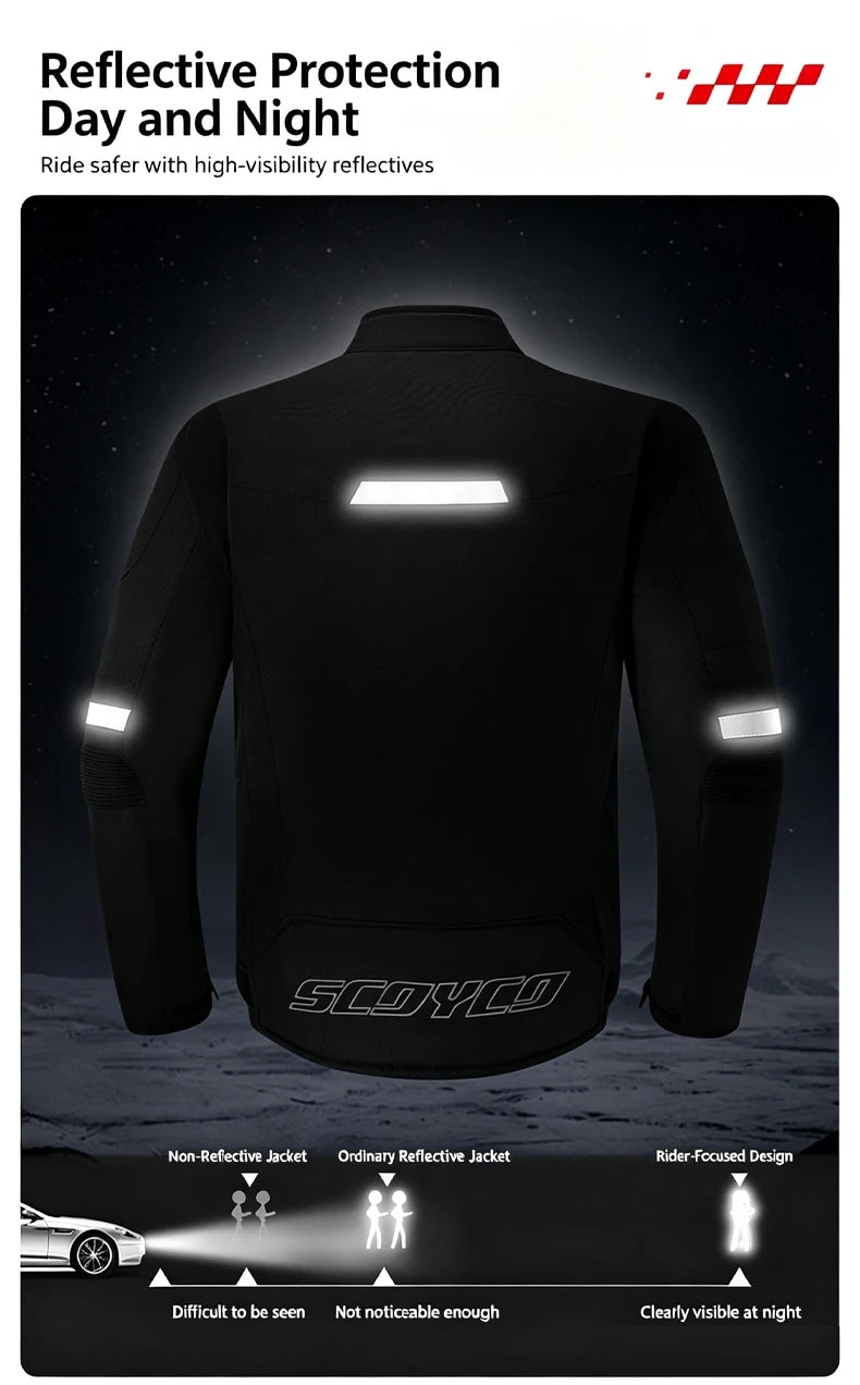 Scoyco Motorcycle Jacket Winter Waterproof Windproof CE1 Anti Fall Detachable Thermal Liner Reflective Motorbike Riding Jacket