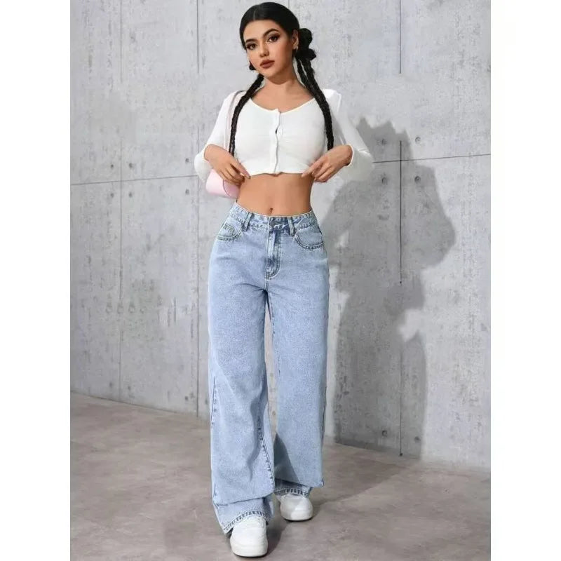 High-Waisted Straight-Leg Jeans Women's Pants Loose Fit American Blue Washed Fashion with Front & Back Pockets Daily Casual Wear