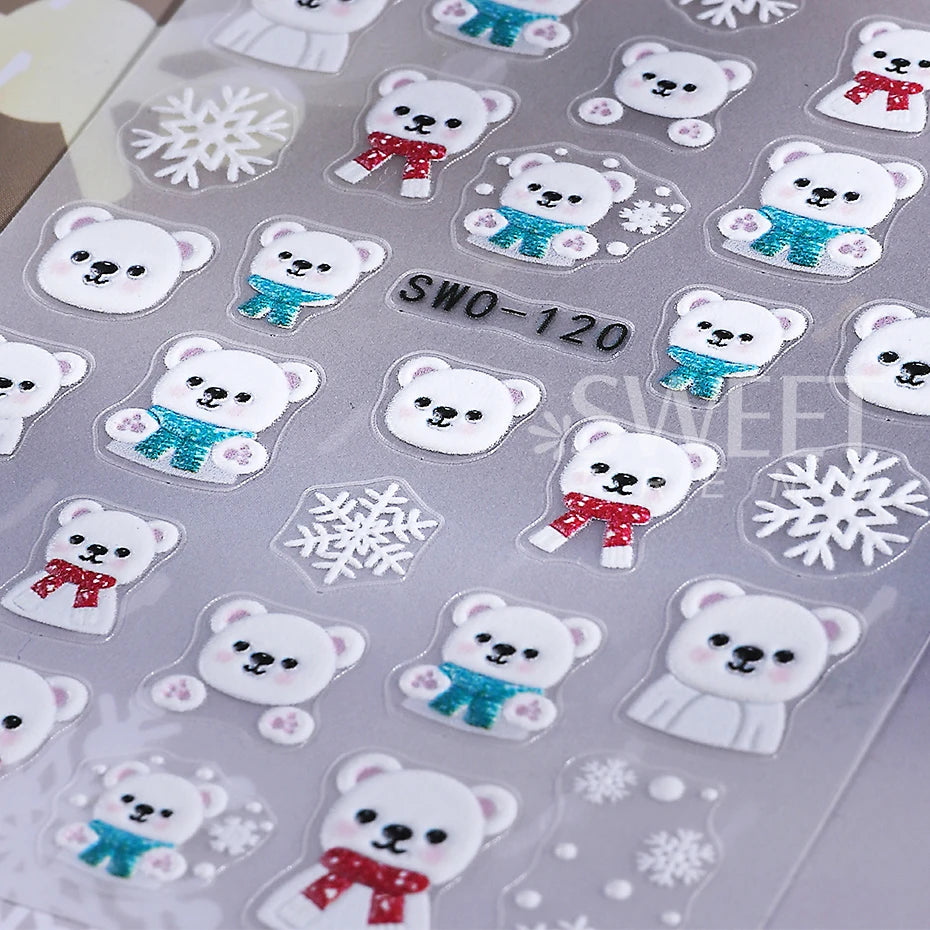 3pcs Embossed Christmas Nail Stickers Cute Snowman Santa Claus Penguin Bear Nail Decals Autumn Winter Nail Supplies Decoration