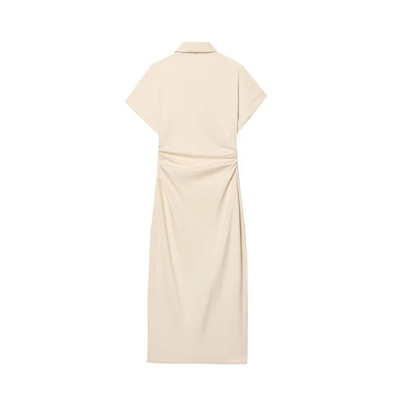 ETJ 2025  Spring New 1975 series denim MIDI dress with lapel side zipper fashion wrinkle waist slim elegant dress