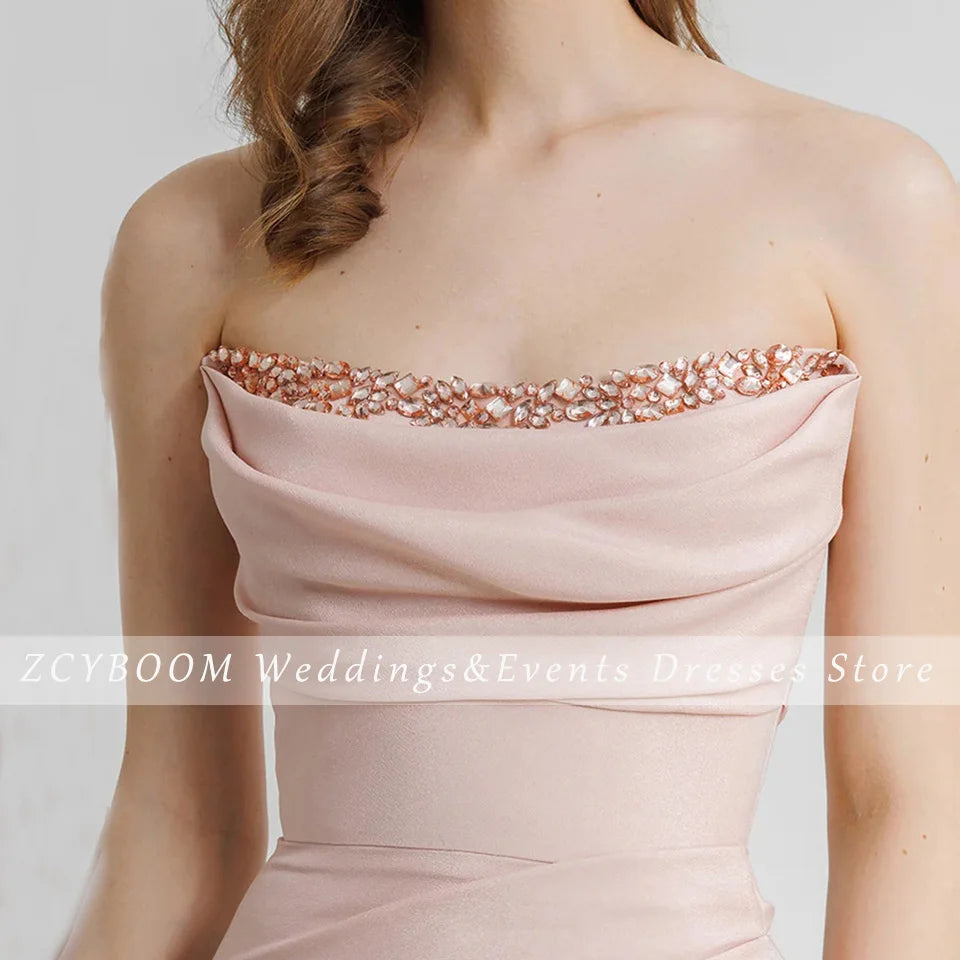 Elegant Pink Backless Strapless Crystal Sleeveless Evening Dress 2026 Mermaid Floor Length Sweep Train Stain Zipper Prom Dress