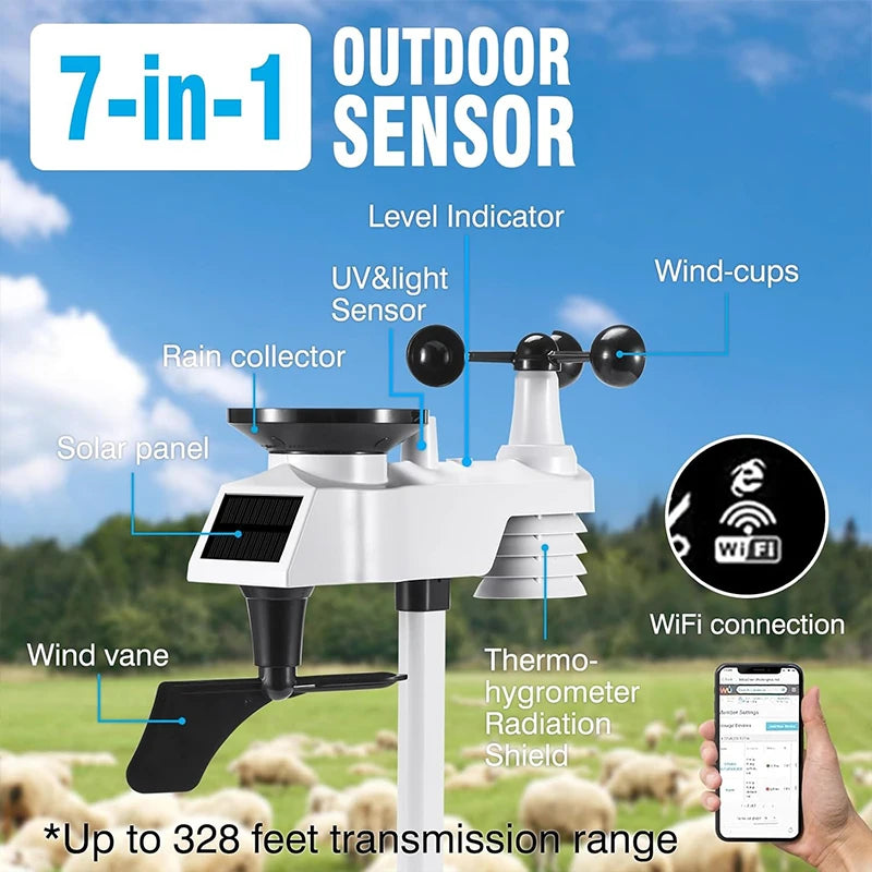 Multifunction Wi-Fi Weather Station Solar Outdoor Sensor Internet Wireless Weather Station Remote Monitoring System Rain Gauge