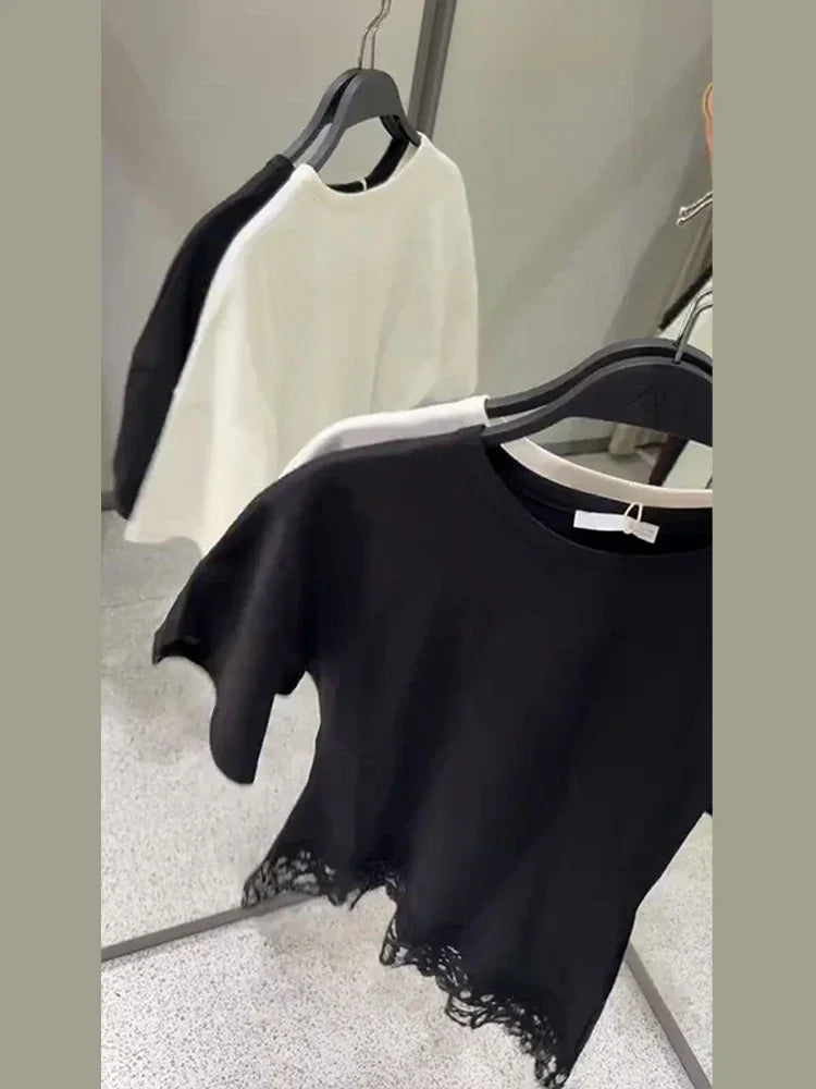 Elegant Satin Lace Patchwork Top Women Casual O-neck Loose Long Sleeves Strappy Female Shirt 2026 Spring Lady Fashion T-shirt