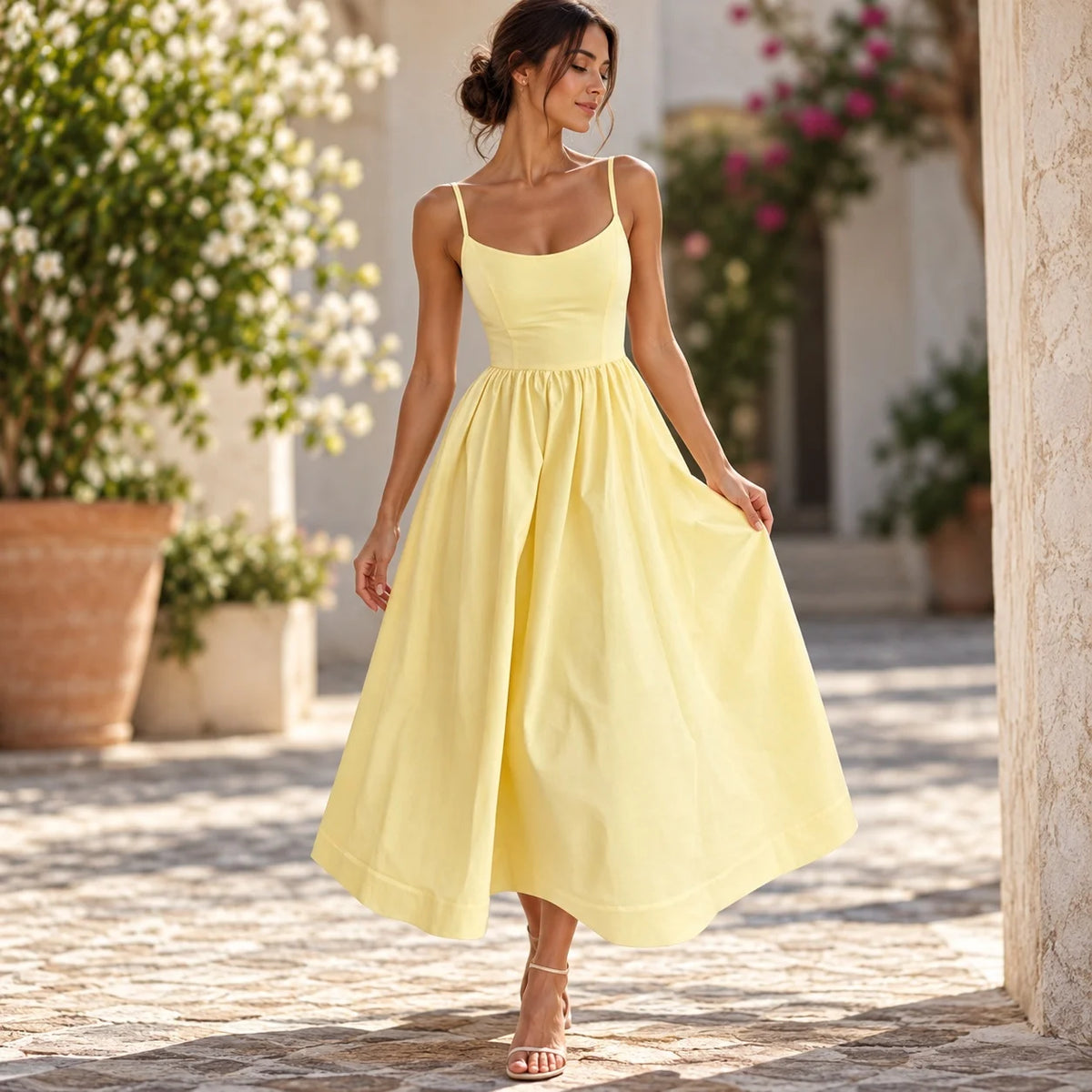 A Line High Waist Dress with Geometric Pattern No Closure Japanese Korean Casual Slim Fit Midi Length Women Summer Dress