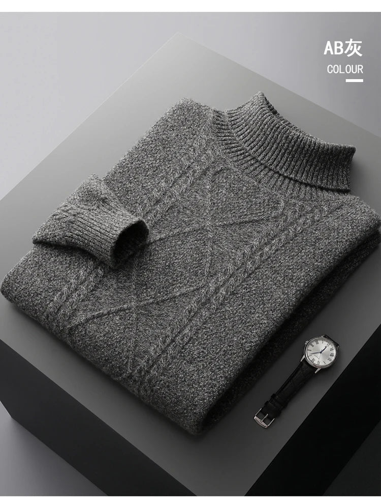 2025 Winter Turtleneck 100% Merino Wool Knitted Sweater Men's Lapel Jacquard Thicken Pullovers Fashion Loose High-End Base Shirt
