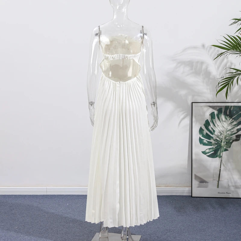 Elegant Solid Pleated Off Shoulder Long Dresses for Women Chic Sleeveless Backless Female Maxi Dress Summer New Beach Party Robe