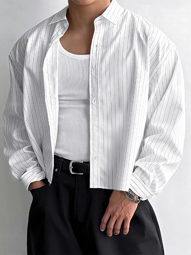 Trendy Long Sleeve Crop Shirts For Men's Spring Autumn Outdoor Casual Striped Printing Shirt Men Clothes Vintage Lapel Cardigan