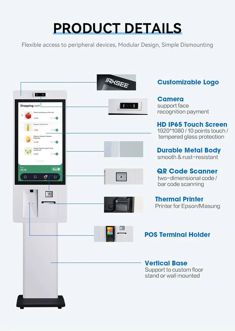 OEM Self Service Ordering Terminal With 23.8 27 Inch FHD Screen Kiosk Support Multiple Languages UI For Retail Food Chains