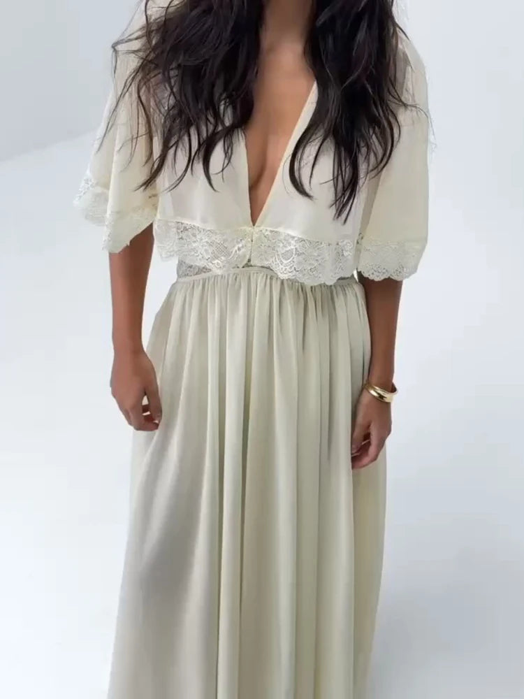 Lightweight Chiffon V-Neck Lace Insert Waist Maxi Dress Cutout Puff Sleeve 2026 Summer Women Party Dress Trendy Chic Lady Outfit