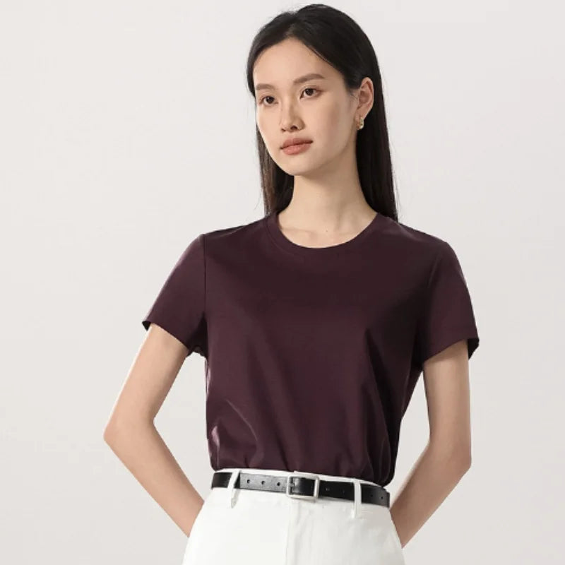 Birdtree 7%  Silk 62% Cotton Solid Female Tshirt,Woman O-neck Short Sleeve Fit Shirt,2025 Spring Summer New T57615JF