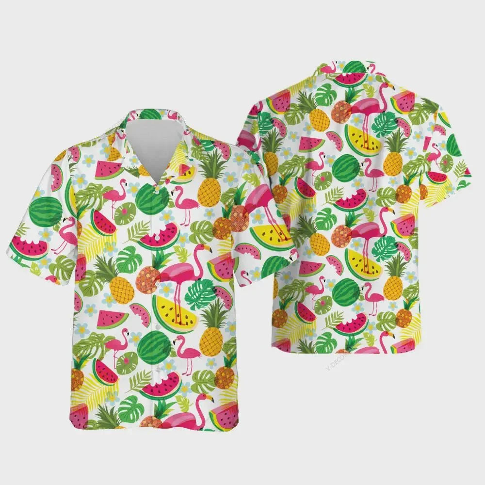 2025 Summer Popular Flamingo Skull  Print Hawaiian Shirts Men Women Comfortable Soft Short Sleeve Shirt Street Daily Trendy Tops